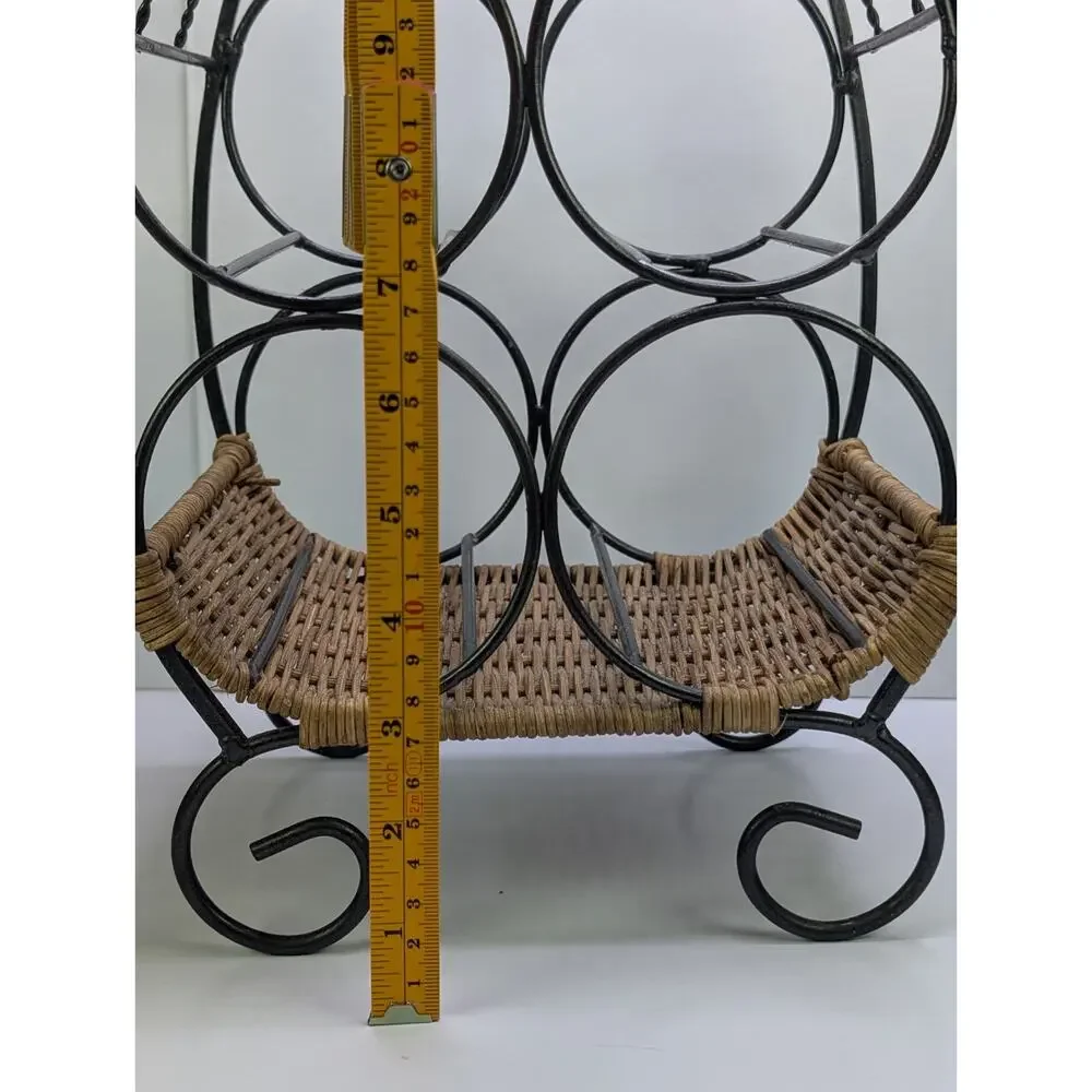 6 Bottle Wine Rack Black Metal Wicker Rattan Countertop Decorative Holder